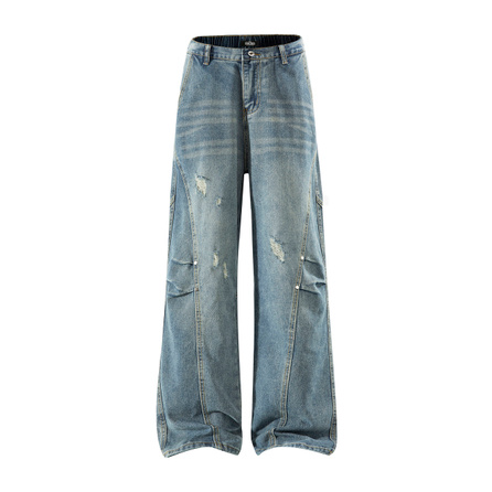 SESAME STREET American Retro Cleanfit Streetwear Raw Edge Distressed Side Seam Curved Panel Rivet Decor Loose Wide-Leg High Street Relaxed Vintage Wash Height-Enhancing Leg-Slimming Pants Waste Land Premium Basic Jeans Men's