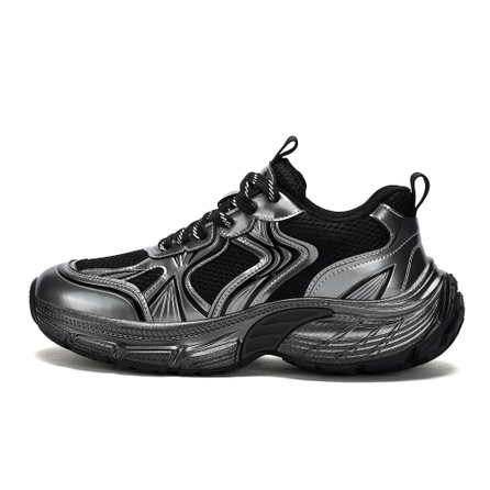 JEEP SPIRIT Black Mythology Autumn Winter Outdoor Commute Casual College Outfit Paris Street Retro Fashion High Aesthetic Versatile Tire Shoe Trendy Sport Platform Wear-Resistant Breathable Heightening Low-Top Dad Shoes Men's Graphite Silver