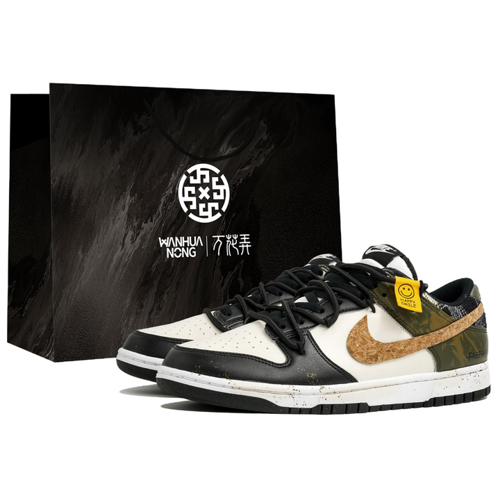 Custom SneakersNike Dunk 'Flower Maze' Wild Time Gift Bag Outdoor Mountain Style Retro Trendy Patch Wood Grain Unique Design Wear-Resistant Low-Top Skate Shoes Unisex Black White Green