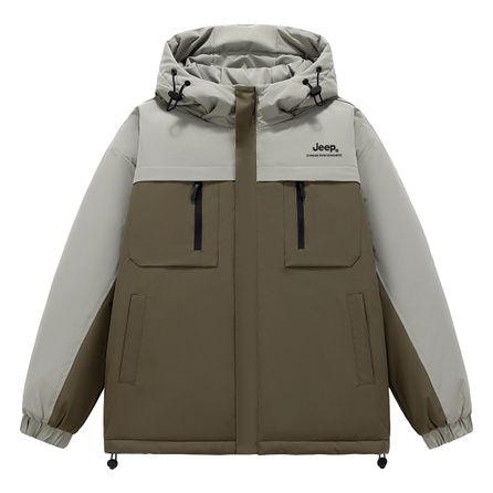 Jeep All-Weather Outdoor Series Mountain Style Cargo Multi-Pocket Graphene Lining Heat Technology Quilted Down-Leak-Proof Thickened Jacket Warm Hooded Coat Waterproof Windproof Padded Jacket Winter Brand Logo Embroidery Padded Jacket Unisex