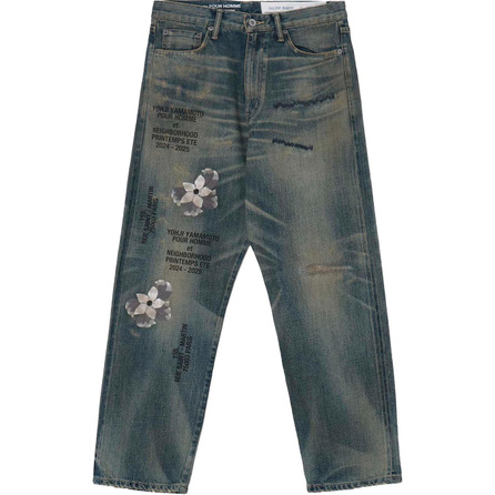 Yohji Yamamoto x NEIGHBORHOOD Collaboration Pour Homme FW24 Floral Embroidery Letter Print Mid-Rise Jeans Men's Indigo