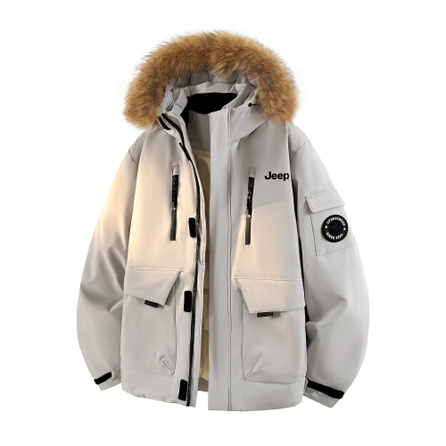 Jeep Large Fur Collar Cold-Resistant Windproof Warm Drop Shoulder Badge 90 Duck Down American High Street Multi-Pocket Outdoor Mountain City Functional Winter Thickened Comfortable Loose Parka Mountain Eagle Workwear Style Down Jacket Unisex