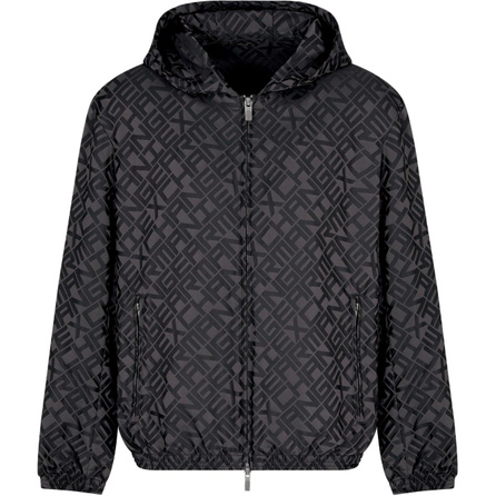 ARMANI EXCHANGE AE SS25 All-Over Print Pattern Hooded Zip-Up Long Sleeve Jacket Coat Men's Black