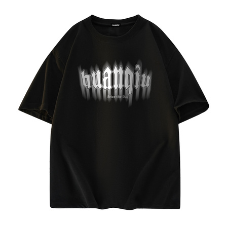 HUANQIU American High-Street Heavyweight Cotton Dizzy Blur Gothic Letter Logo Print Simple Personality Versatile Breathable Sweat-Absorbent High-Quality Loose Streetwear Dopamine Aesthetic Basic Short-Sleeve T-Shirt Unisex