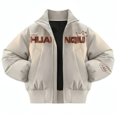 HUANQIU American Retro Wasteland Style Utility Pocket Short Functional Streetwear Imitation Towel Embroidery Letter Brand Logo Print Trendy Rogue Baseball High-Street Loose Drop Shoulder Casual Quilted Thickened Warm Stand Collar Flight Jacket Unisex