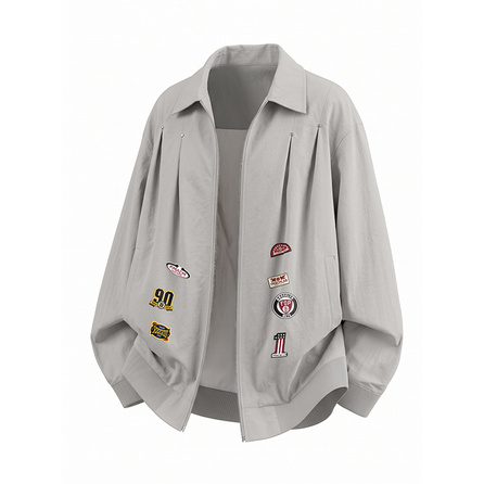 FAX FOR FMACM American Vintage Hip-Hop Trendy Multi-Badge Logo Print Spring Autumn Jacket Relaxed Casual Outfit Loose Casual Beaded Pleated Design Cargo Cleanfit Long Sleeve Lapel Jacket Unisex