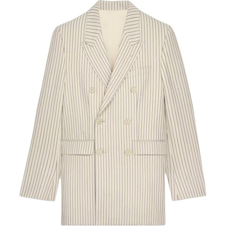 CELINE Stripe Wool Gabardine Peak Lapel Double Breasted Long Sleeve Jacket Coat Men's Off-White