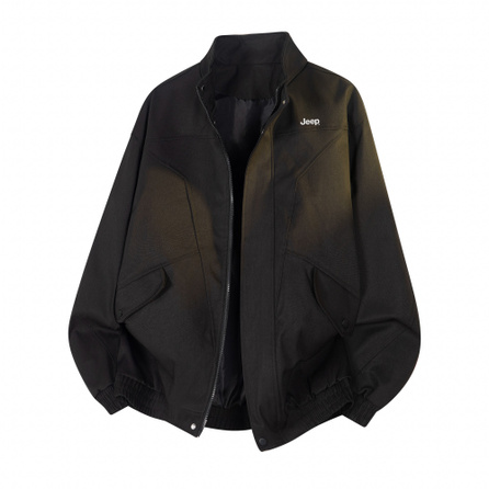 Jeep Casual Series American High Street Retro Simple Solid Color Cleanfit Loose Versatile Brand Logo Print Cut Deconstructed Design Windproof Stand Collar Cargo Coach Bomber Jacket Unisex