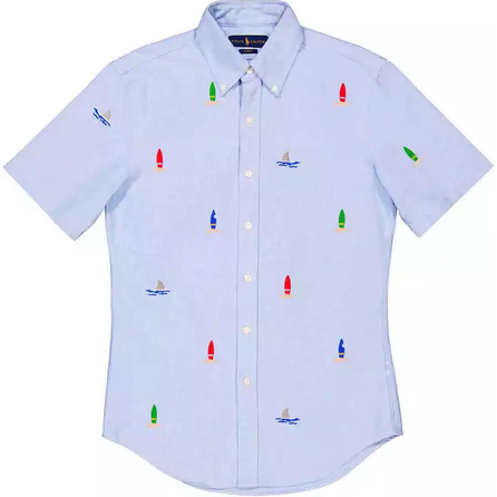 Polo Ralph Lauren Embroidered Pattern Pointed Collar Button-Down Short Sleeve Shirt Men's Blue