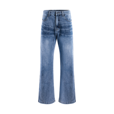Jeep American Vintage Non-Stretch Washed Lightning Pattern Blue Denim Loose Casual Slimming Drape Distressed Mid-Rise Straight Jeans Unisex