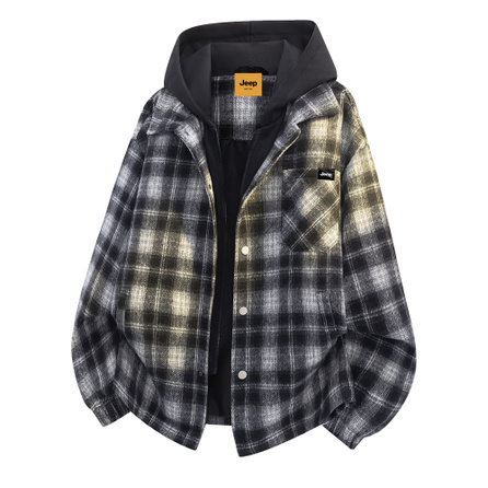 Jeep American Retro High Street Outdoor Fake Two-Piece Patchwork Color Block Plaid Skin-Friendly Comfortable Windproof Warm Layering Hooded Basic Jacket Unisex