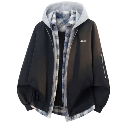 Jeep Japanese High Street Style Plaid Patchwork Fake Two-Piece Fashion Trendy Loose Casual Preppy Style Couple Layered Daily Commute Youth Outdoor Sports Hooded Jacket Coat Unisex