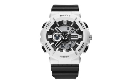 Disney Mickey Series Trendy Sport Electronic Movement Silicone Strap National Watch Unisex Gray Dial Middle/High School Student Dual Display Luminous Waterproof