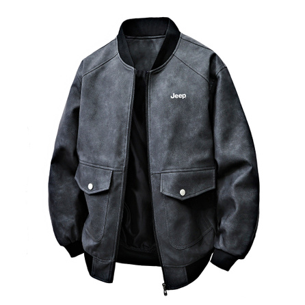 Jeep American Retro High Street Trendy Brand Matte Tie-Dye Brand Print Design Warm Bomber Coach Baseball Collar Zip Barn Style Jacket Oversized Long Sleeve Leather Jacket Unisex