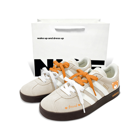 Custom Sneakersadidas Vl Court Classic Cream Orange Bear R Fashion Versatile Classic Trendy Daily Commute Sweet Cute Casual Slip-Resistant Cushioning Wear-Resistant Low-Top German Training Shoes Unisex Light Orange