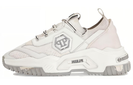 PHILIPP PLEIN Leather Round-Toe Lace-Up Comfort Mid-Top Casual Shoes Unisex White