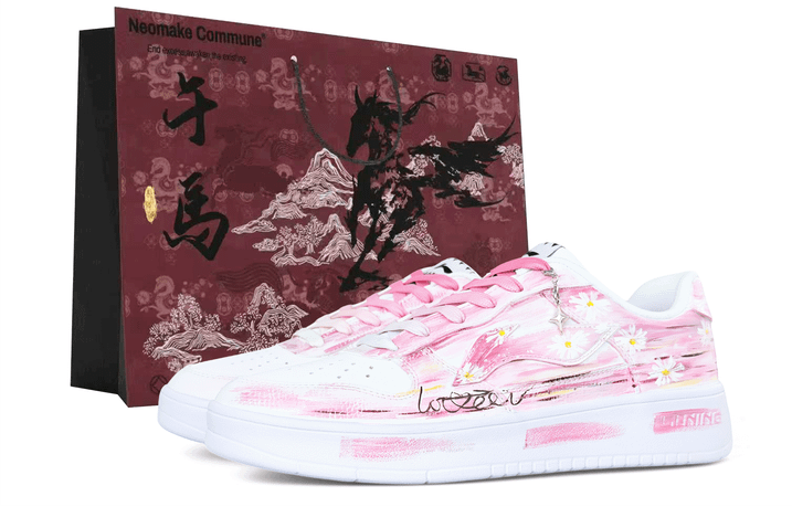 Custom Sneakers LiNing Li-Ning Floating Boat Gift Bag Edition Cherry Blossom Daisy Hand-Painted Design Metal Pendant Oil Painting Style Niche Trendy Comfortable Versatile Casual Heightening Durable Lightweight Low-Top Skate Shoes Unisex Pink