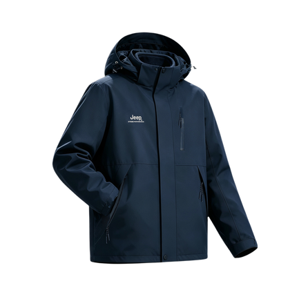 Jeep Solid Color Hooded Spliced 3-in-1 Embroidered Detachable Fleece Liner Multi-Functional American Vintage Comfortable Mountain Outdoor Hiking Camping Windproof Waterproof Warm Versatile Light Luxury High-End Jacket Unisex
