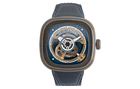 SEVENFRIDAY PS Series Automatic Mechanical Movement 30M Water Resistant Men's Watch Swiss Made 47.6mm Blue Dial PVD Coated Case Cowhide Leather Band
