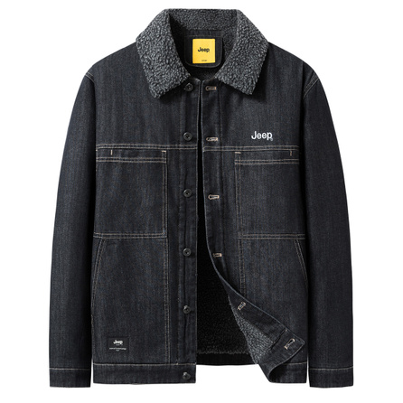 Jeep Luxury Wrangler Series Thousand-Needle Embroidery Logo Fleece-Lined Thick Lining American Retro Washed Single-Breasted Heavy Work Distressed Loose Breathable Comfortable College Style Daily Commute Lapel Denim Jacket Unisex