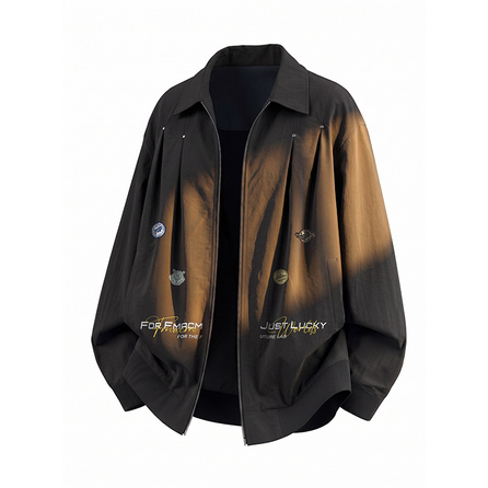 FAX FOR FMACM American Vintage Wasteland Style Multi-Badge Symmetrical Logo Print Spring Autumn Jacket Hong Kong Style Daily Versatile Loose Casual Beaded Pleated Design Workwear Cleanfit Long Sleeve Turn-Down Collar Jacket Unisex