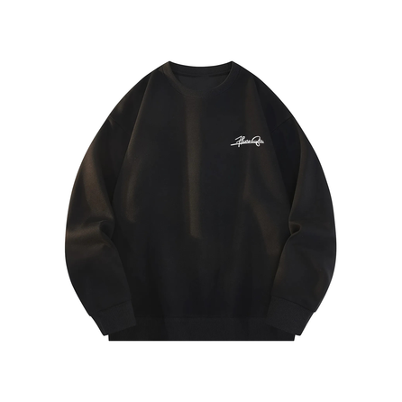 HUANQIU Letter Logo Pattern Street Brand Loose American Simple Solid Color Hoodless Pullover Teenager Neutral Style Casual Sports Genderless Inner Layer Round Neck Fleece Lined Thickened Long Sleeve Warm Top Unisex