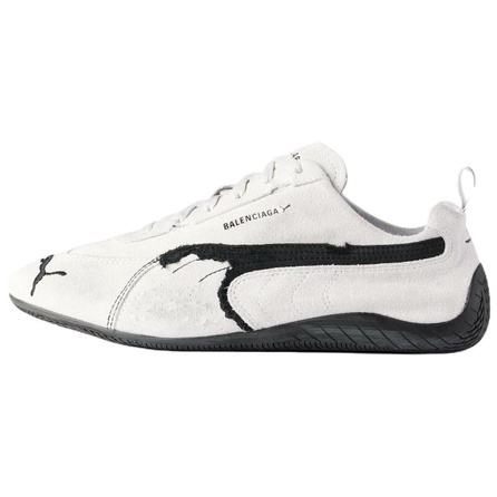 PUMA x Balenciaga Speedcat Series Thin Sole Trainer Racing Shoes Cowhide Suede Round Toe Distressed Low-Top Casual Shoes Unisex White