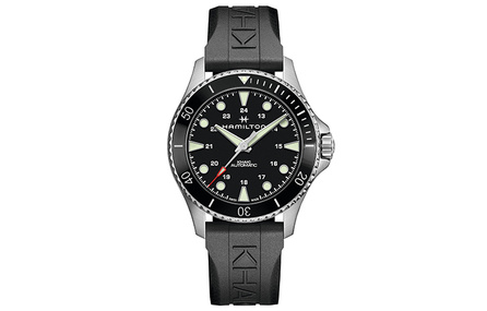 HAMILTON Khaki Navy Automatic Mechanical Watch 'Black Lung' Men's 43mm Black Dial Stainless Steel Case Rubber Strap