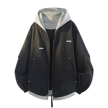 Jeep Faux Two-Piece Patchwork Color-Block Loose Comfortable High-End Brand Letter Logo Print Simple Trendy Fashionable Versatile Casual Vintage High Street Commute Windproof Individual Couple Hooded Autumn Student Jacket Coat Unisex