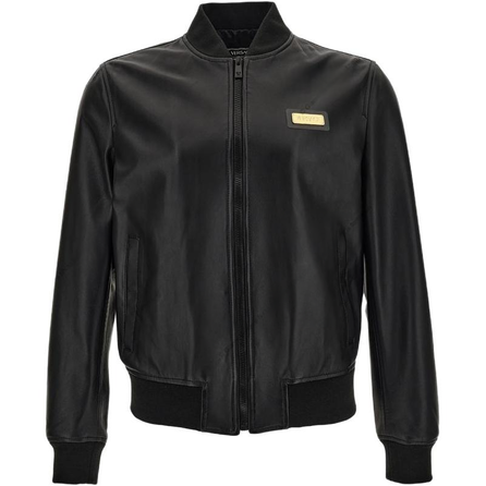 VERSACE Logo Patch Zip Long Sleeve Lambskin Leather Jacket Men's