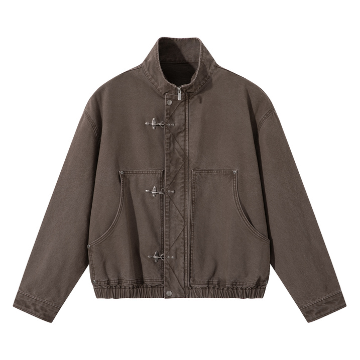 lilbetter Washed Drill Half-Turtleneck Jacket Big Patch Pockets Lobster Clasp Premium Cleanfit Loose Vintage Stand Collar Workwear Casual Versatile American Jacket Unisex