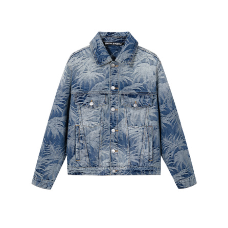 PALM ANGELS SS26 Light Luxury Allover Print Washed Neutral American Vintage Classic Jacquard Palm Tree High Street Trendy Denim Jacket Men's