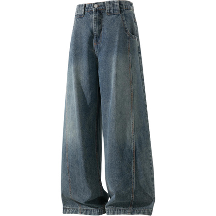 Jeep American Street Style Vintage Clean Fit Heavy Wash Curved Blade Pants Distressed Stitching Design Wasteland Style Heightening Draping Hip-Hop Street Personality Handsome Versatile Loose Wide Leg Jeans Unisex