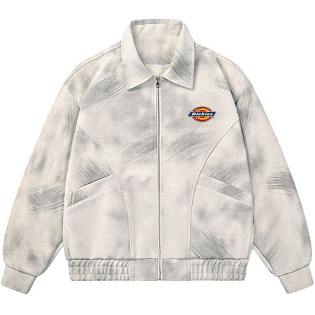 Dickies American Retro Distressed Letter Logo Print Turn-Down Collar PU Leather Daily Commute Loose Casual Versatile Tie-Dye Jacket Coat Men's