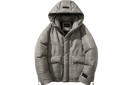 GOLFCROSS Thick Full Print Plaid Letter Patch Large Pocket Convertible Strap Loose Casual Warm Hooded Puffer Cloud Down Jacket Unisex Coffee Plaid