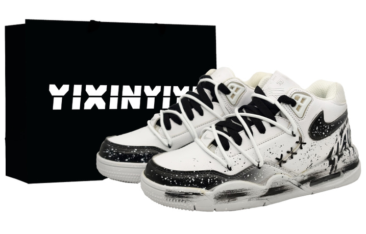 [Custom Sneakers] Nike Flight Legacy "Mountain Top Art" Ink Mark Deconstruction CNY Year of the Horse Auspicious Hand-Painted Splash Ink High Street Gift Bag High-Top Retro Basketball Shoes Unisex Ink Black