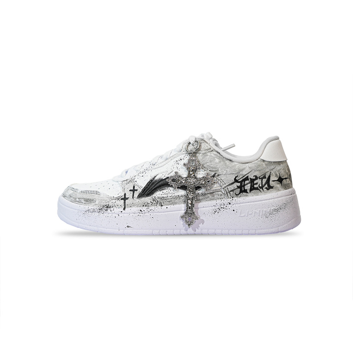 Custom Sneakers LiNing Floating Boat Ink Dye Gothic Synthetic Leather Splash Ink Chinese Style Smudge Simple Casual Classic Basic Versatile Wear-Resistant Breathable Anti-Slip Low-Top Skate Shoes Unisex White-Black