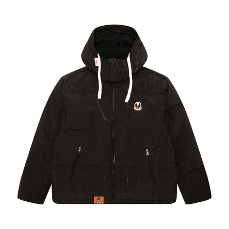 Aape Badge Wrinkle Comfort Solid Color Hooded Zipper Down Jacket Men's Black