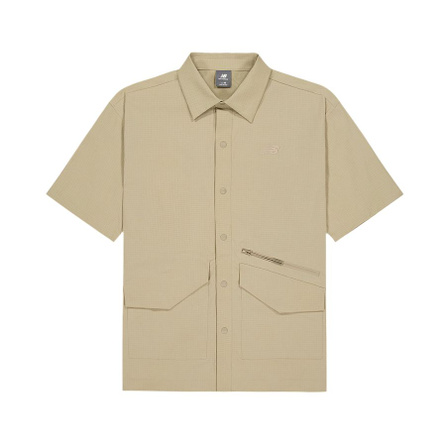New Balance Brand Logo Solid Color Collar Woven Drop Shoulder Short Sleeve Shirt Men's Wood Brown