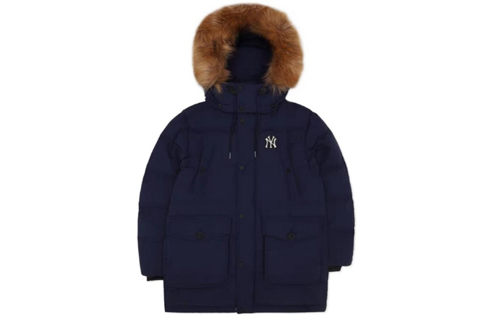 MLB New York Yankees Solid Logo Loose Fox Fur Collar Goose Down Hooded Puffer Coat Unisex Navy Blue