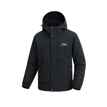 Jeep Solid Color Patchwork Hooded Embroidered Logo Large Pocket Zip Loose Versatile Wear-Resistant Not Bulky All-Weather Outdoor Sports Hiking Camping Trekking Windproof Waterproof Light Luxury Simple Workwear Style Jacket Unisex