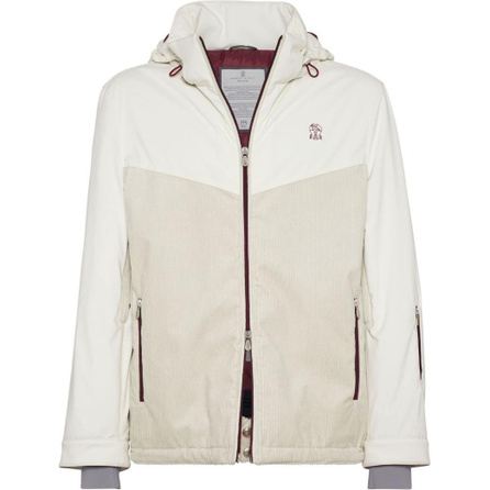Brunello Cucinelli Logo Embroidery Two-Way Zip Color-Block Parka Coat Men's Beige