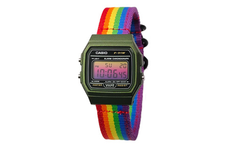 Custom Watch CASIO F-91WM-3A Modified 'Dawn Weaving Flame' Series Yellow-Pink Gradient Lens Green Resin Case Classic Retro Square Watch Quartz Movement Nylon Strap Men's Black Dial