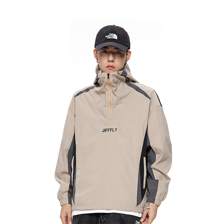 Jifffly Outdoor Patchwork Color Block Letter Logo Embroidery Windproof Breathable Hooded Loose Casual Jacket Unisex Khaki