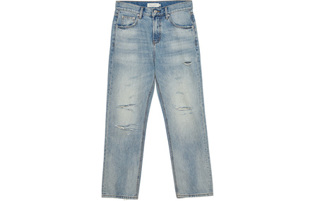 CLIMAX VISION Washed Distressed Ripped American Casual Retro High Street Straight Leg Jeans Unisex Washed Light Blue