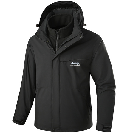 Jeep Casual Minimalist Mountain Style Outdoor Sports Mountaineering Camping Climbing Tibet Entry Solid Color Three-in-One Detachable Liner Hooded Loose Comfortable Warm Wear-Resistant Windproof Water-Repellent Multi-Functional Two-Piece Jacket Unisex