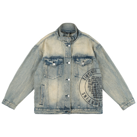 XINYINSU American Washed Mud Yellow Letter Denim Jacket Spring Autumn Unisex Blue
