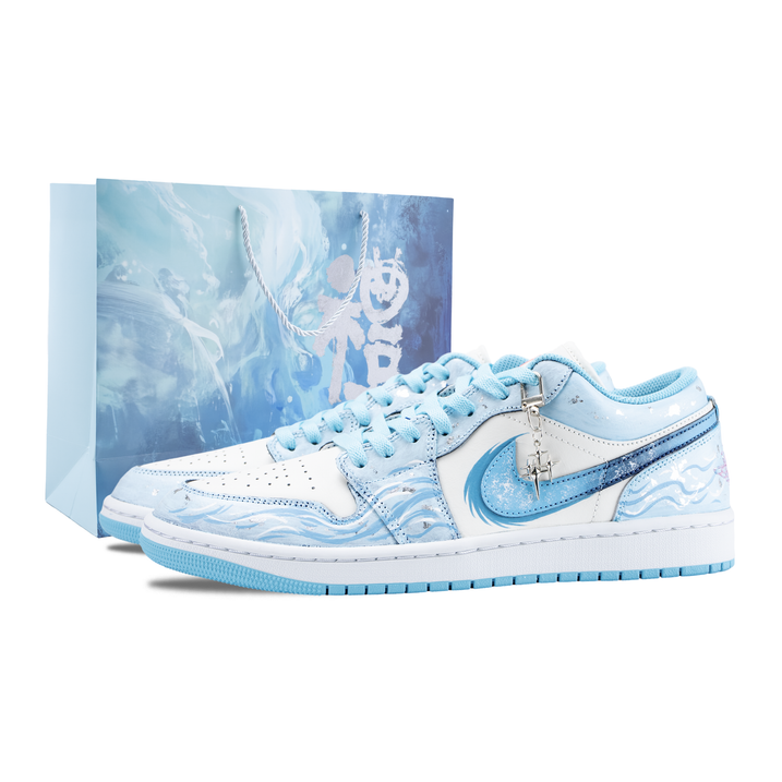 Custom Sneakers Jordan Air Jordan 1 Deep Sea Era Special Gift Bag Hand-Painted Ombre Gradient Gold Foil Process Deconstructed Design Classic Color Scheme Simple Versatile Wear-Resistant Retro Basketball Shoes Men's White Blue