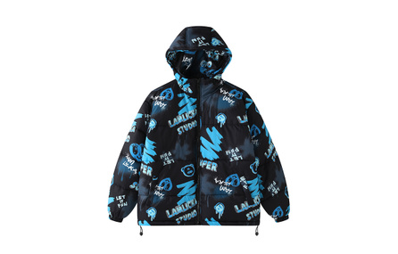 LAMLICKA Graffiti Letter Print Long Sleeve Short Puffer Drop Shoulder Zipper Padded Jacket Unisex Black