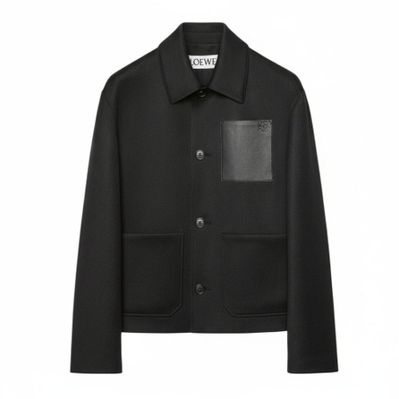 LOEWE SS26 Spring Summer Series Patchwork Logo Embossed Lapel Single-Breasted Long Sleeve Jacket Coat Men's Black